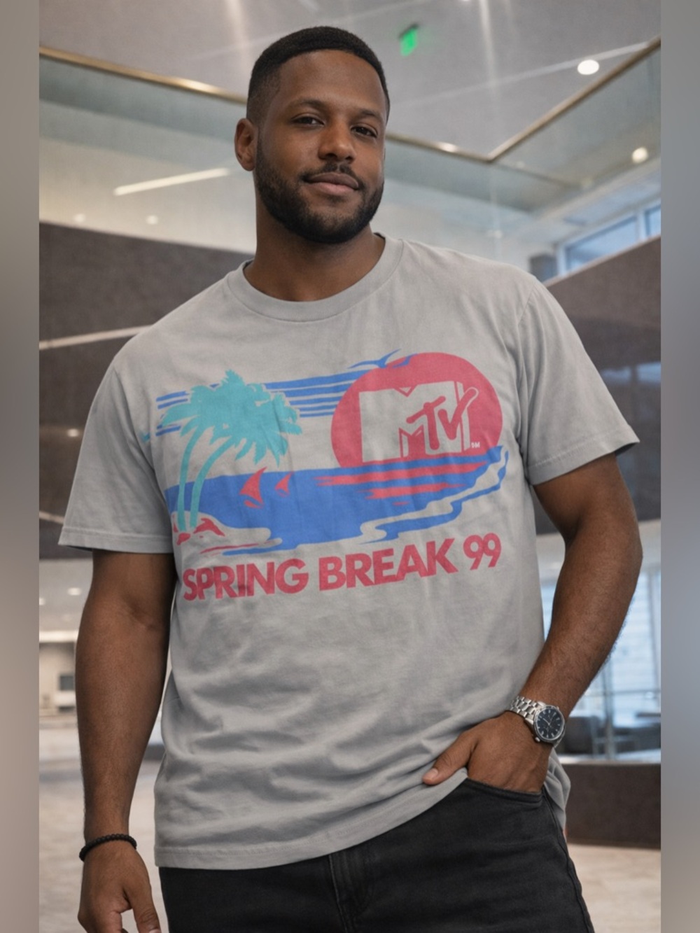 MTV Spring Break 99 Graphic T-Shirt Mens Large Grey Port & Company Ring Spun Tee